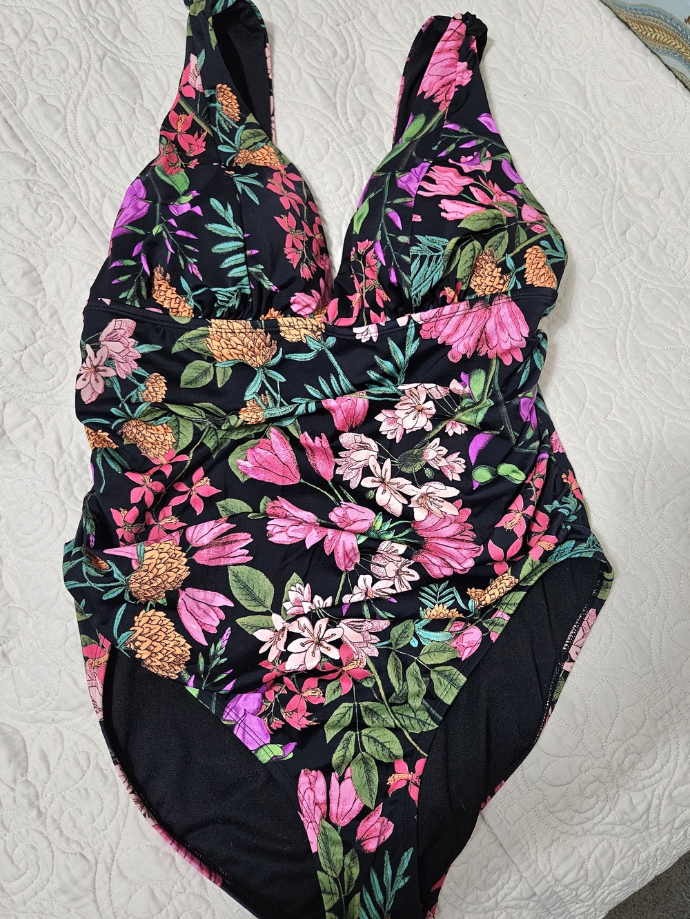 Time and Tru Black and Floral One Piece Bathingsuit - XL (16-18)